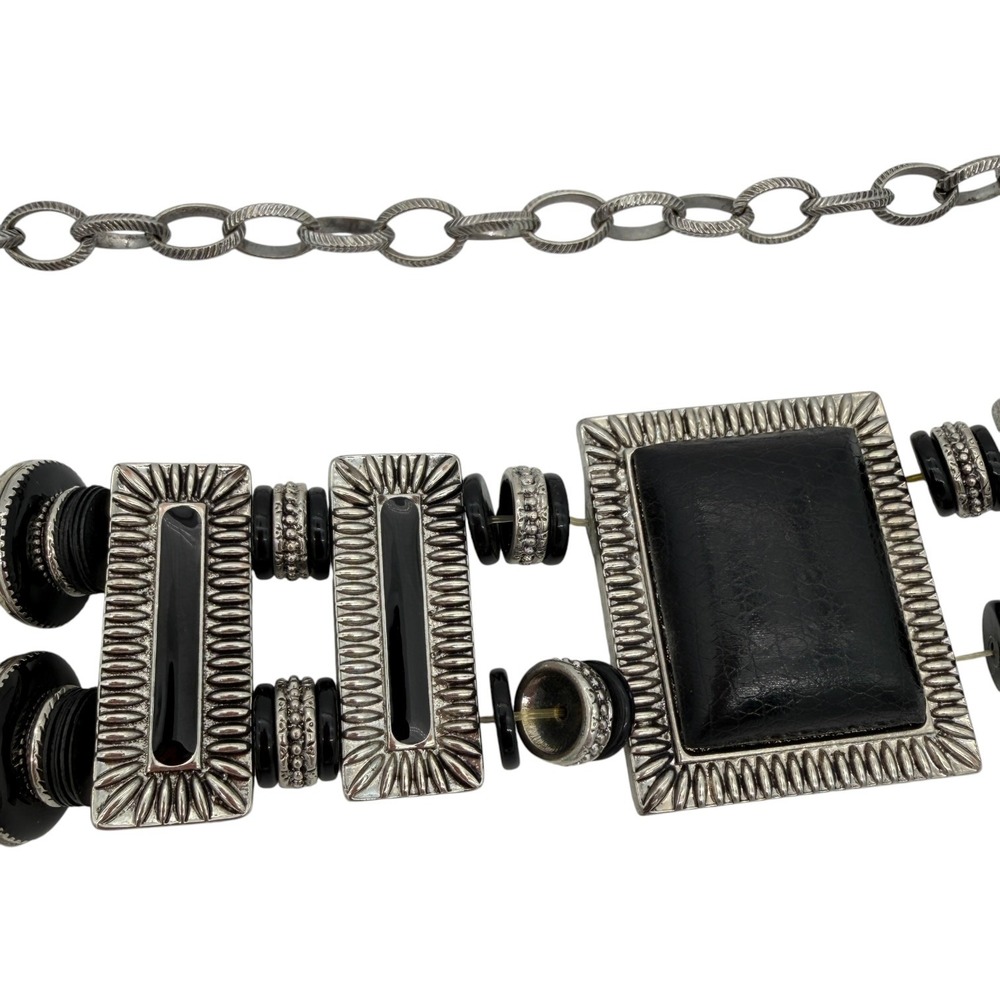 Chicos Silver Tone Black Resin Statement Chain Belt Boho Southwestern - Picture 2 of 7